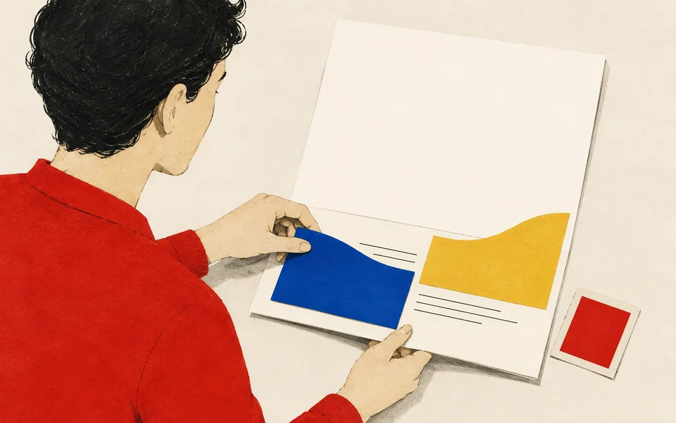 Une personne compose une épreuve avec des papiers rouges, bleus et jaunes.