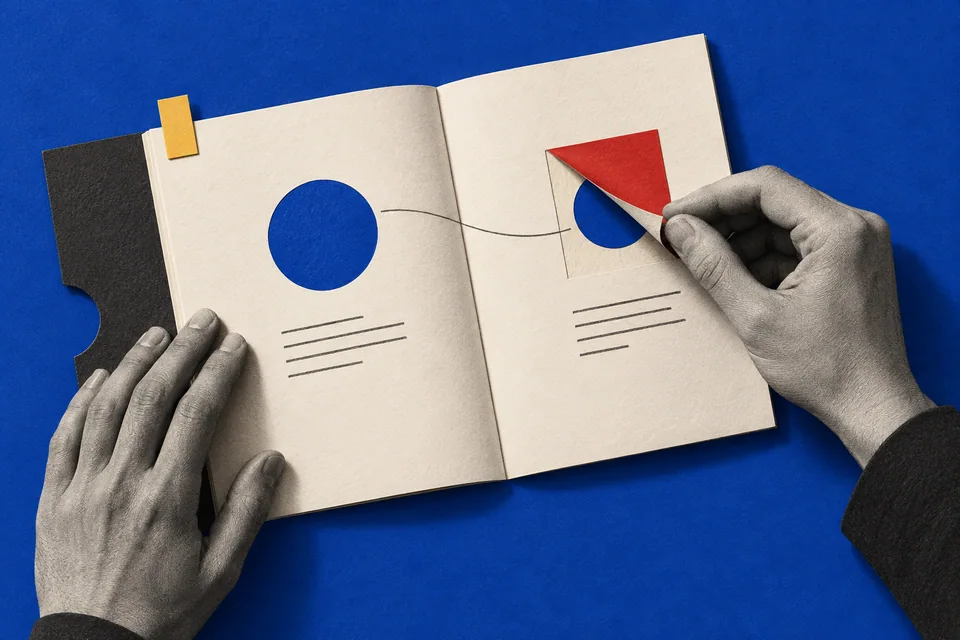 Composition de papiers découpés, bleus, rouges et jaunes : faire apparaître une décision.