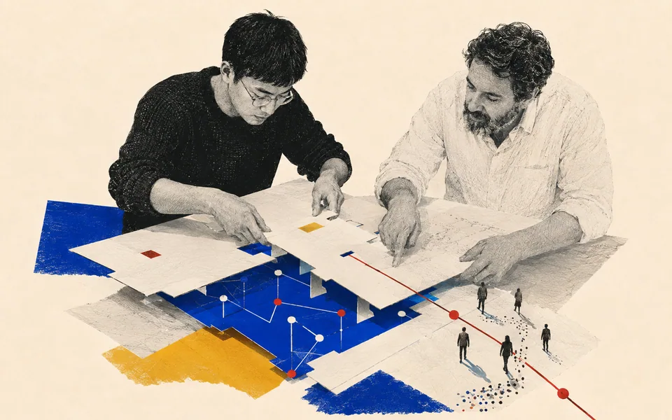 Editorial collage: people, ideas and documents connected.